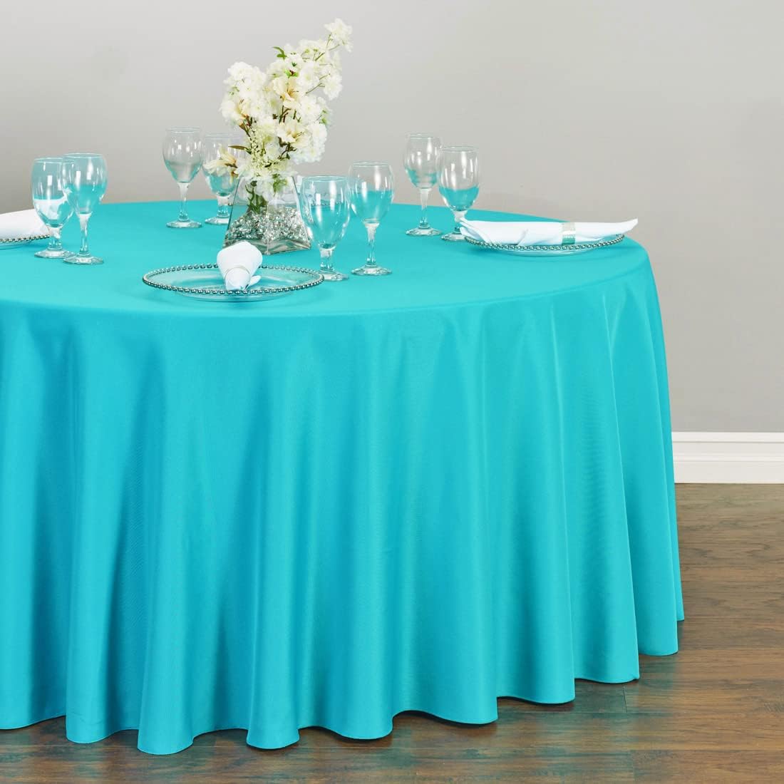 LTC LINENS 5 Pack 120 Inch Round Tablecloth Turquoise - Bulk for 60 Inch Round Table Floor Length - Washable, Wrinkle Resistant Polyester Fabric Cloth for Parties