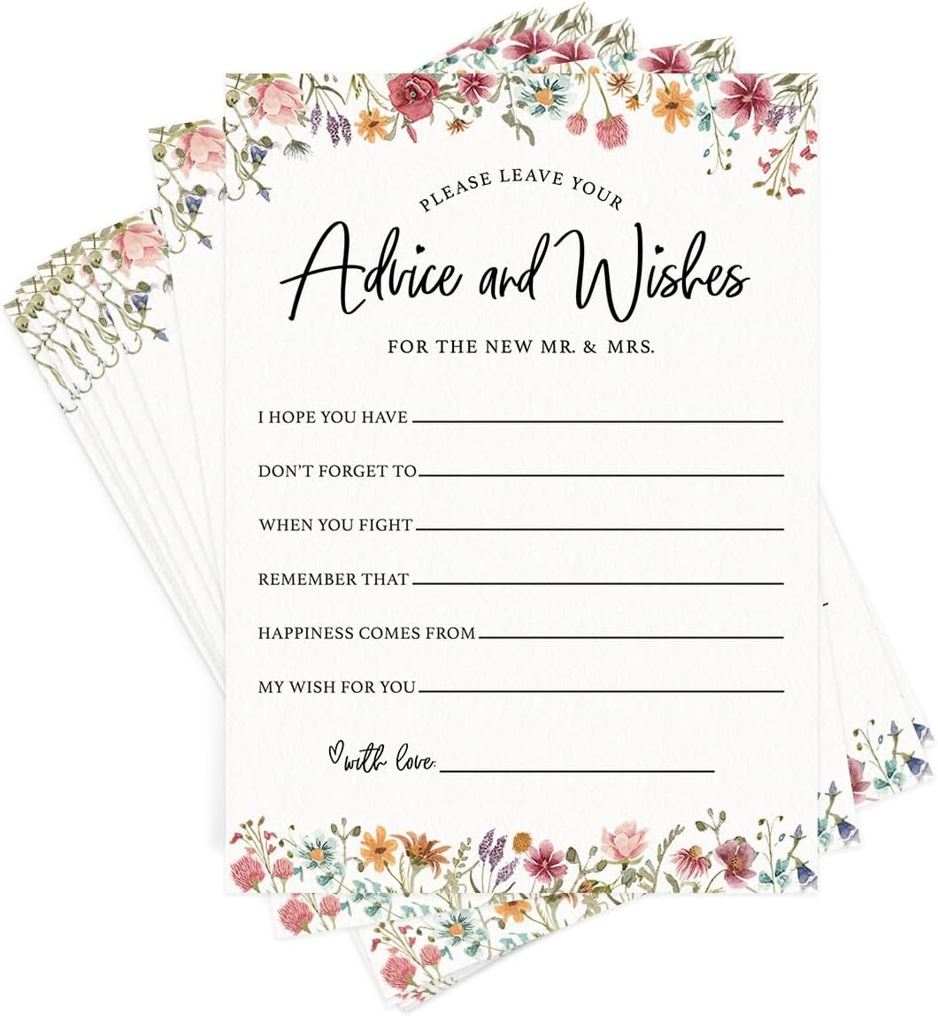 Printed Party Wedding Advice Cards – Wildflower Theme, Bridal Shower Games and Favors for Guests, Love In Bloom Floral Design, 30 Guests