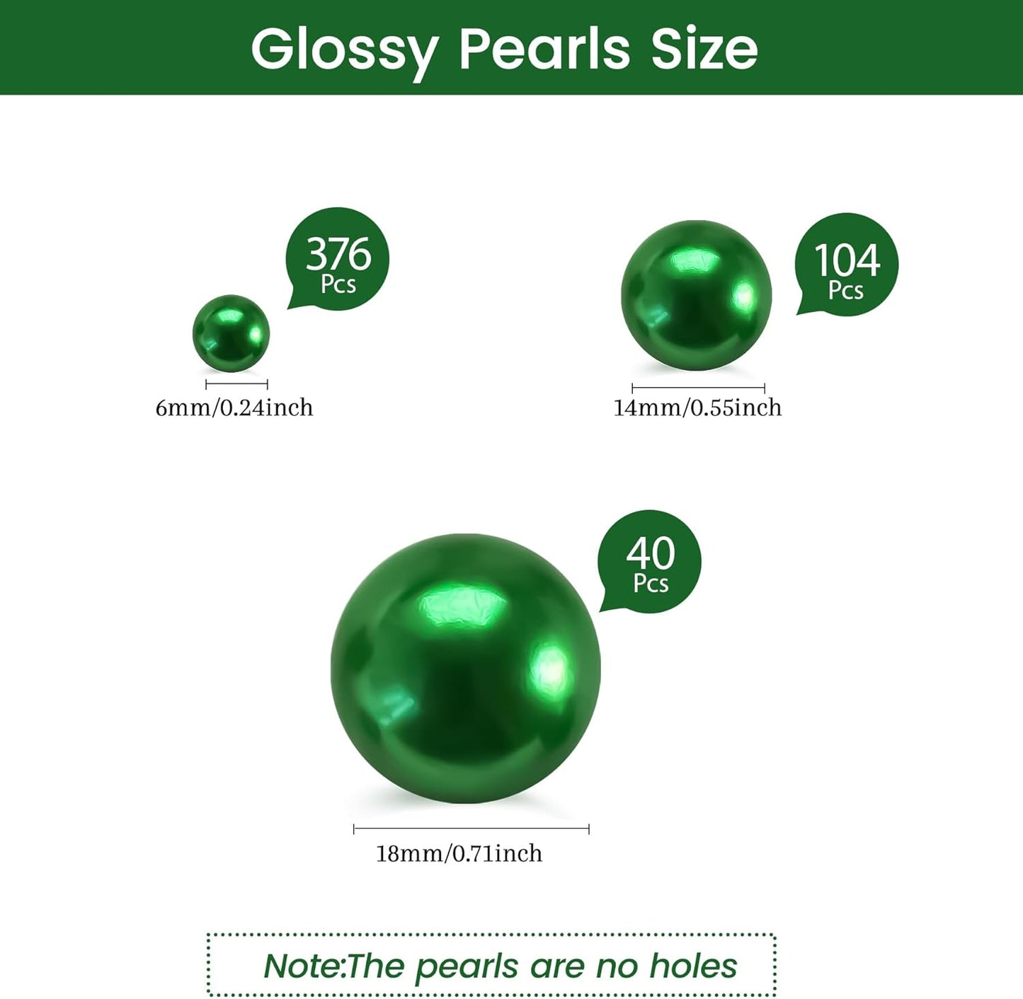520Pcs Green Glossy Beads for Centerpiece Decor, Artifical Pearls Vase Filler, No Hole Round Pearl Beads for Wedding Birthday Christmas Party Home Decor(18mm 14mm 6mm)