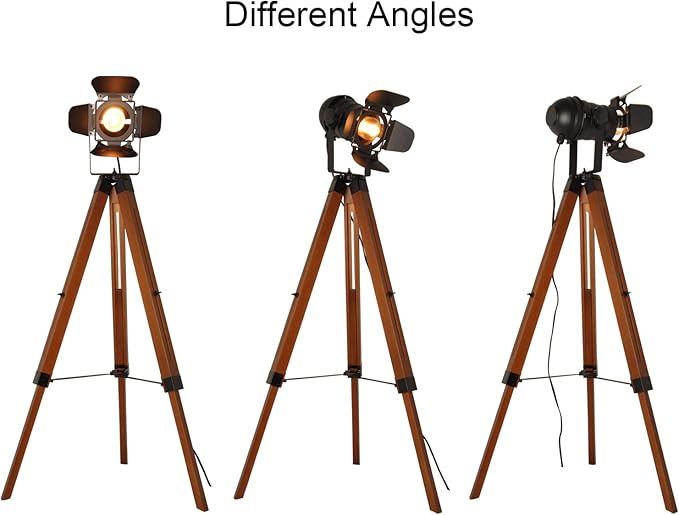 Decoluce Vintage Tripod Floor Lamp, Height Adjustable Wooden Camera Tripod - Image 2