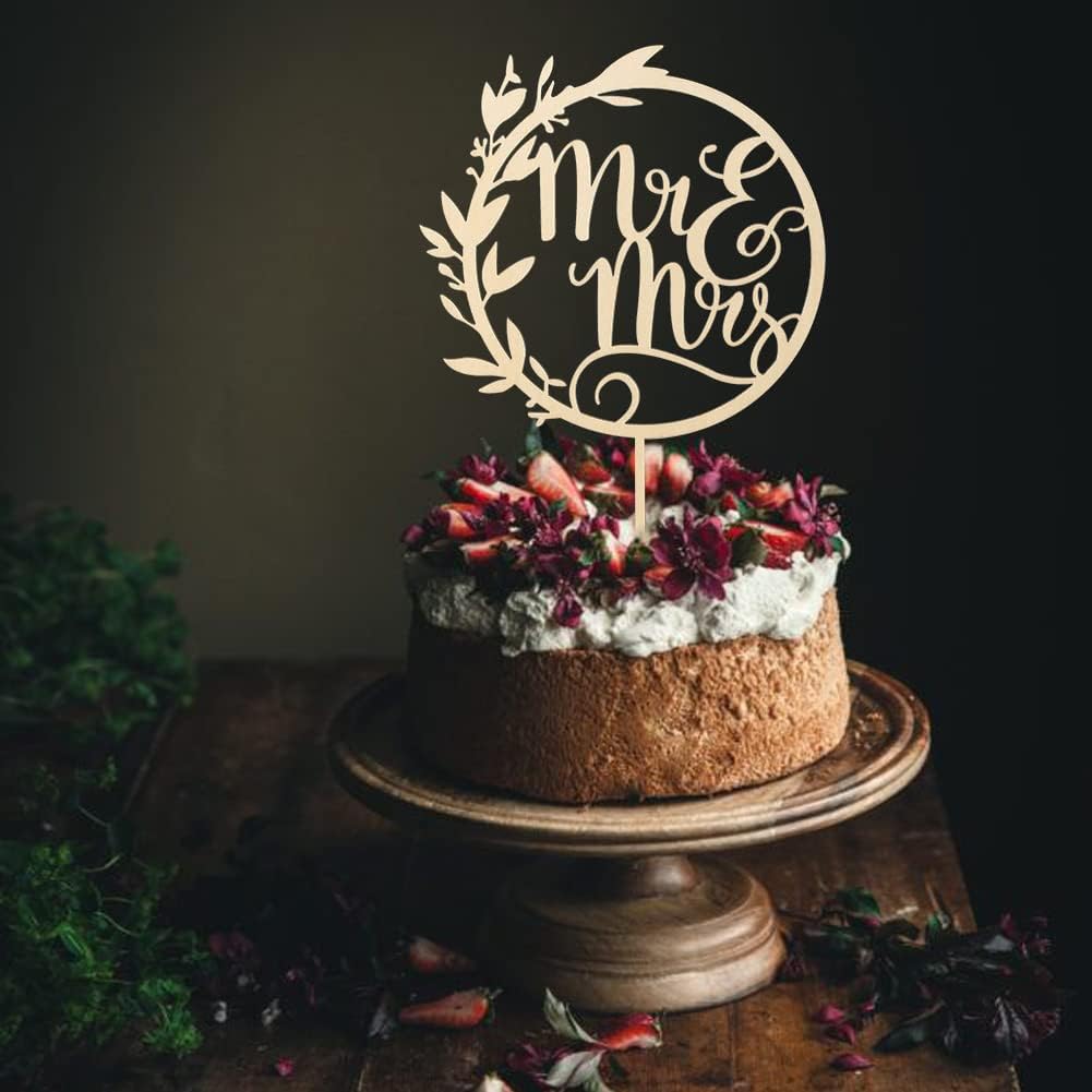 Mr & Mrs Cake Toppers - Engagement & Bridal Shower Cake Picks - Wooden Bride & Groom Decoration