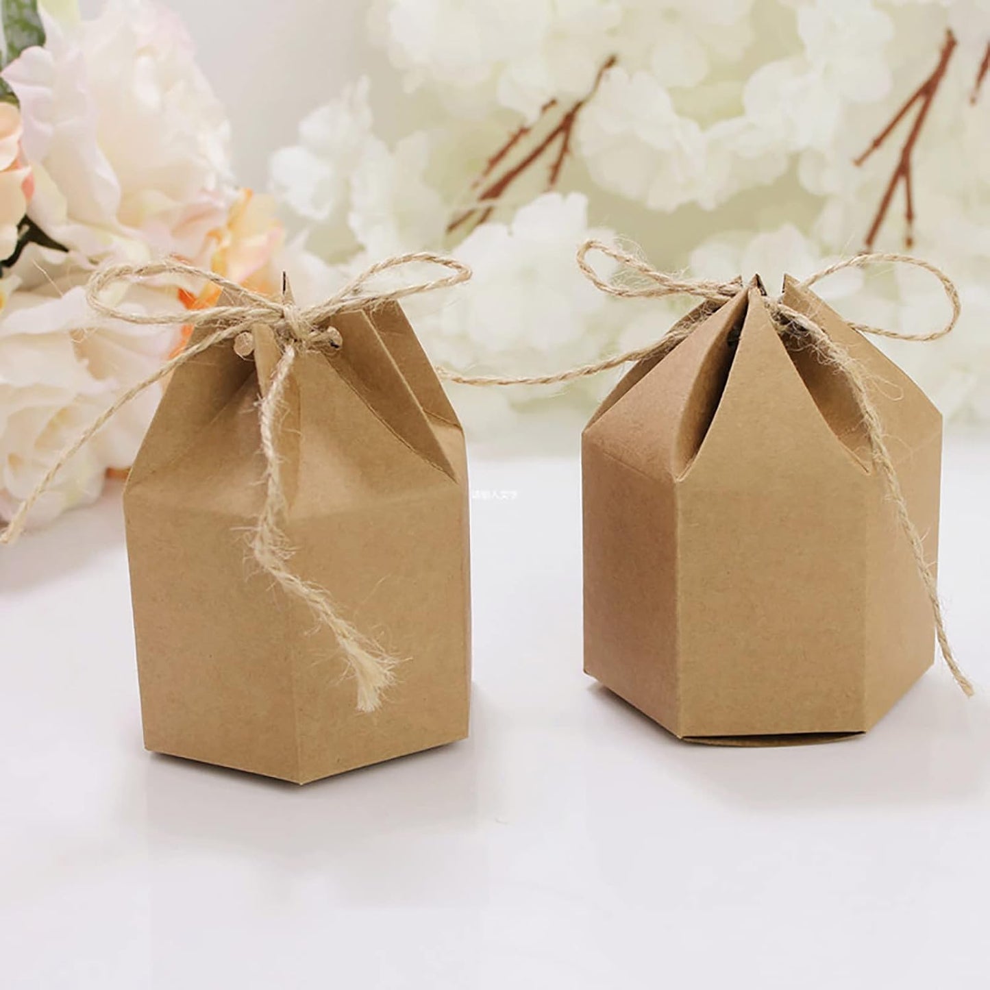 Zontween 50 Pack Hexagon Paper Box With Twines Kraft Paper Hexagon Boxes With Twice Candy Favor Present Boxes For Wedding Birthday Brown