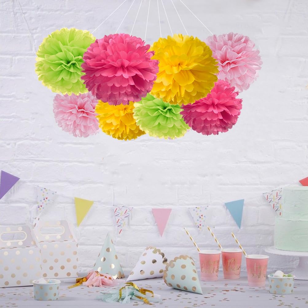 Hot Pink Yellow and Green Tissue Paper Pom Poms Flower for Baby Shower Spring Summer Jungle Birthday Wedding Groovy Theme Party Decoration, 12pc