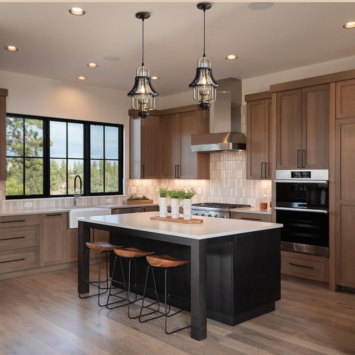 Farmhouse Chandelier Modern Hanging Light, Vintage Rustic Pendant Lights Fixture, Crackle Glass Shade, Wood & Metal Cage Base for Living Room Dining Room Foyer Kitchen Island Bedroom