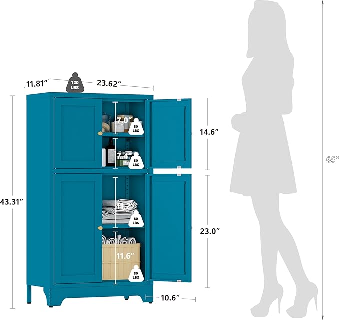 YAUWOH Blue Bathroom Floor Cabinet, Metal Storage Cabinet - Image 3
