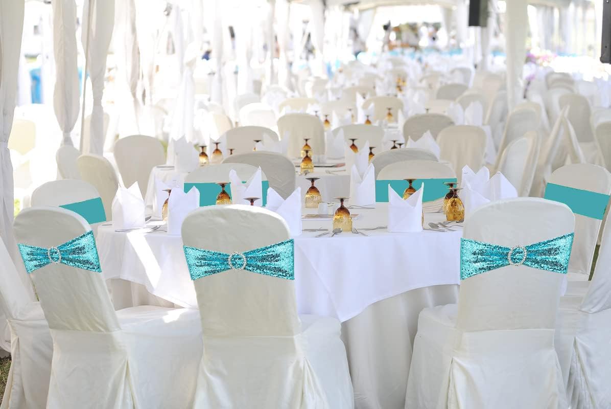 25 Pcs Chair Sashes Sequin Stretch Chair Bands Spandex Polyester Bows for Party Hotel Wedding Banquets Decoration - Aqua
