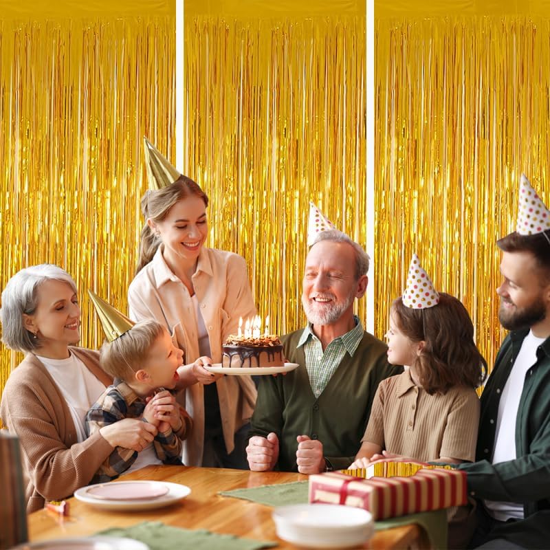 Keyali 3 Pack 3.3 * 8.3 ft Foil Curtain Metallic Tinsel Fringe Curtains Photo Booth Props Backdrop for Birthday Wedding Engagement Baby Shower Christmas Holiday Celebration Partyl,Gold