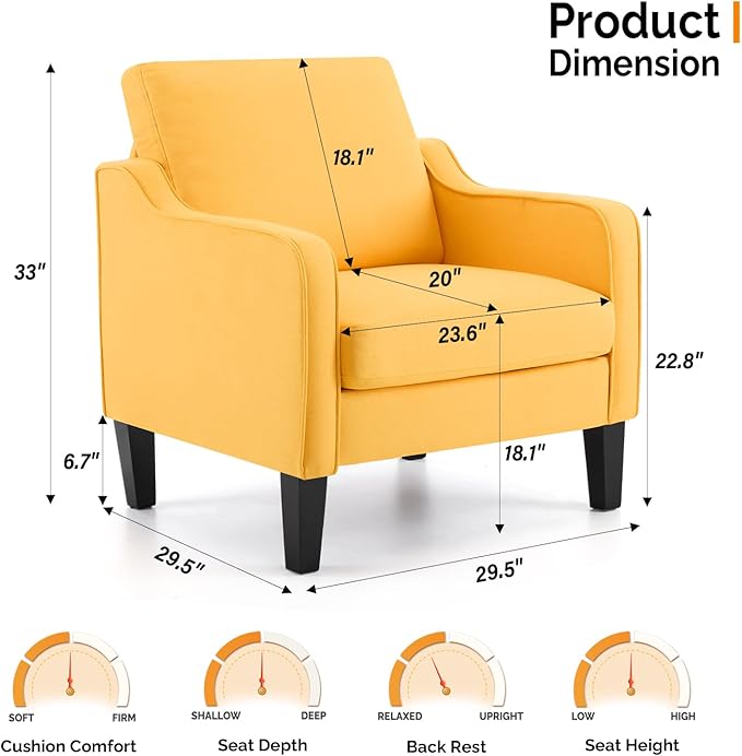 VINGLI Accent Chairs Set of 2 Living Room Chairs Yellow Reading Chair - Image 2