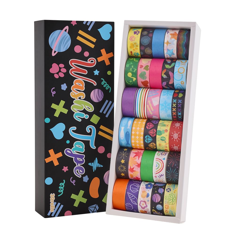 30 Rolls Colorful Theme Washi Tape Set with Different Colorful Patterns, Writable Decorative Tapes for Scrapbooking, Bible Journaling, Bullet Journaling, 0.6'' x 79'' per Roll