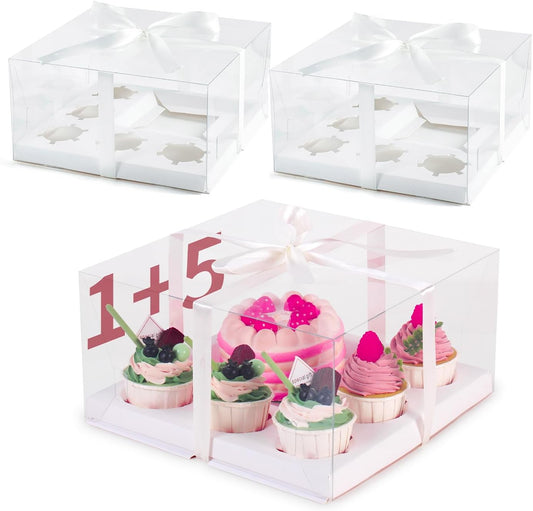 JCD 3 Packs Cake Cupcakes Combo Box 1+5 Cupcake Containers with Gift Ribbon Bento Clear Boxes (5 Cupcakes with Cake)(1+5/3Pcs)