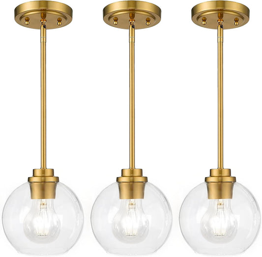Pendant Lights Kitchen Island, Modern Gold Pendant Light with Clear Glass, 7 Inch Farmhouse Hanging Light Fixtures for Dining Room Entryway, Bedroom, Hallway, Farmhouse- 3 Pack