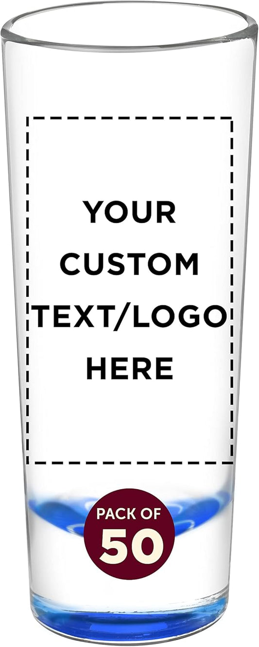 Custom Cordial Shooter Shot Glasses 2 oz. Set of 50, Personalized Bulk Pack - Great for Birthdays, Parties, Indoor & Outdoor Events - Blue