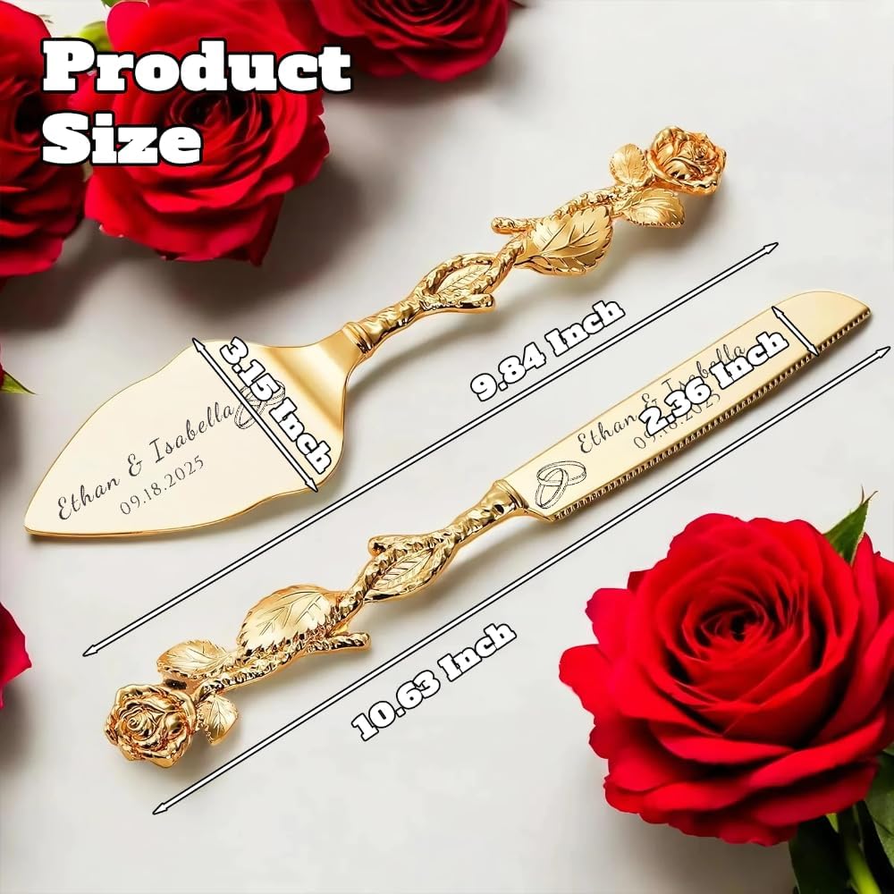 Engraved Personalized Gold Wedding Cake Knife and Server Set - Custom Bridal Cake Serving Gift for Anniversary, Engagement, Birthday Gift