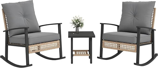 Outsunny 3 Pieces Rocking Wicker Outdoor Bistro Set, Rattan Patio Furniture Set by Outsunny