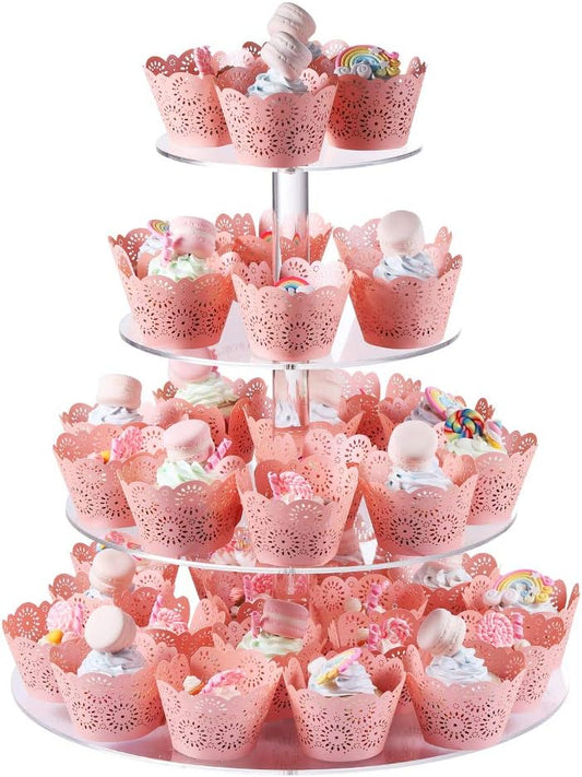 Boxalls Cupcake Stand, 4 Tier Round Acrylic Cupcake Display Stand Holder, Clear Dessert Pastry Tower for Wedding, Birthday, Theme Party, Baby Shower
