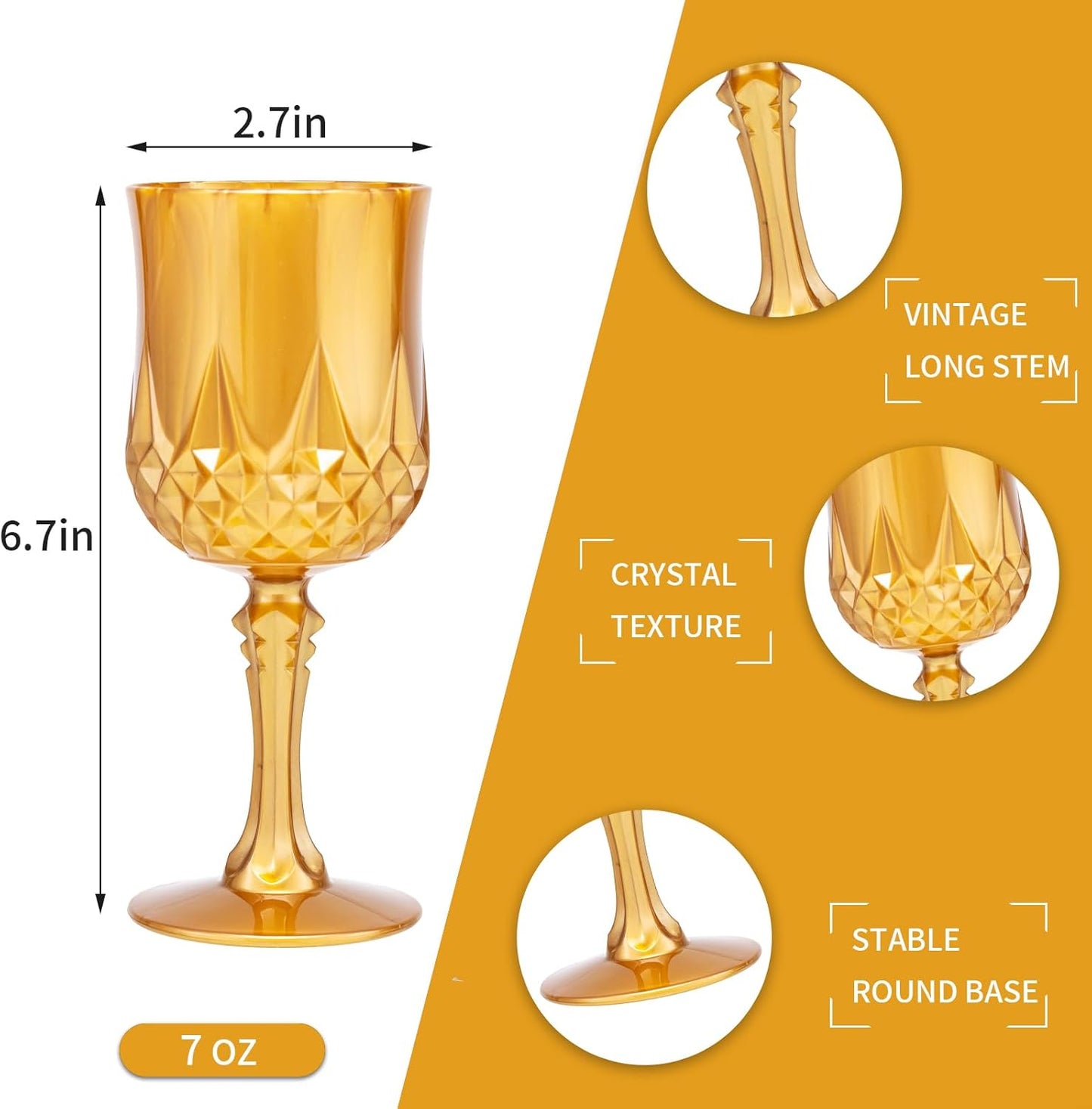 JLYLOL Plastic Vintage Wine Glasses 7OZ Plastic Goblets Vintage Drinking Glasses 12PCS Retro Wedding Glassware Water Goblets Reusable Drinking Cups for Party,Reception,Celebration,Bar,Whiskey(Amber)