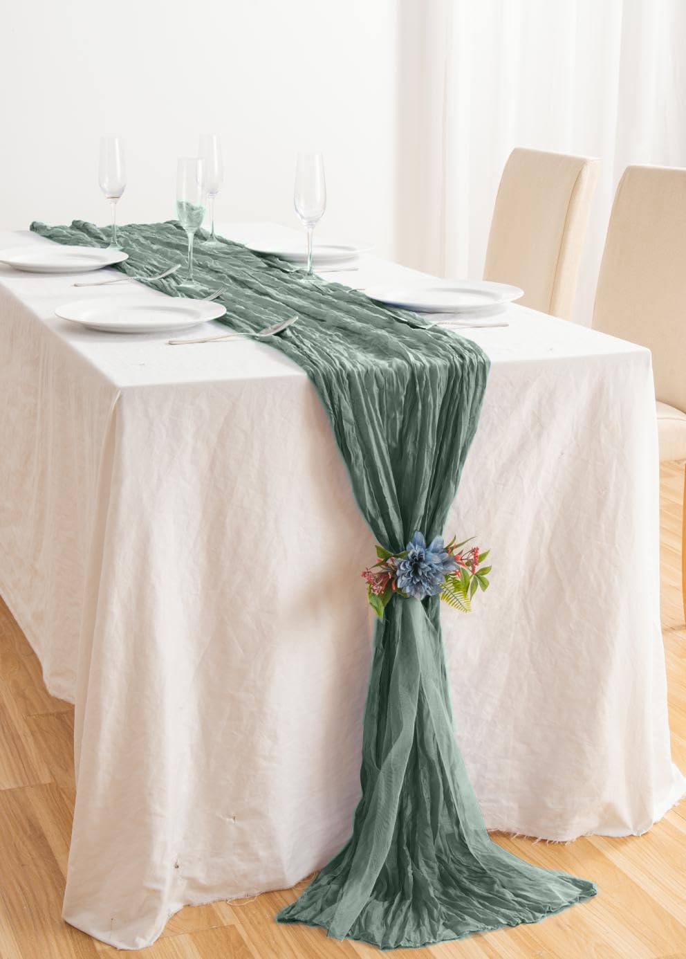 20 Pack Sage Green Cheesecloth Table Runner 17x108 Inch Boho Wrinkled Sheer Romantic Gauze Cheese Cloth Table Runner Bulk Decor for Wedding, Bridal Shower, Birthday Party