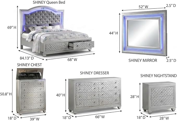 First of a Kind Shiney Contemporary 5 Piece Queen Bedroom Set High Gloss Silver - Image 9