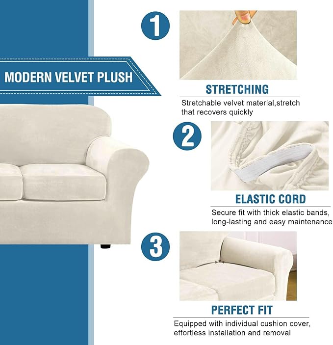 H.VERSAILTEX Modern Velvet Plush 4 Piece High Stretch Sofa Slipcover Furniture - Image 3
