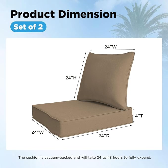Sunbrella Outdoor Deep Seat & Back Cushion Set, 24 x 24 Inch Water Repellent - Image 3