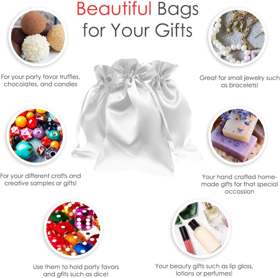 5" x 8" White Satin Gift Bags, Jewelry Bags, Wedding Favor Drawstring Baby Shower Christmas 50 per Pack