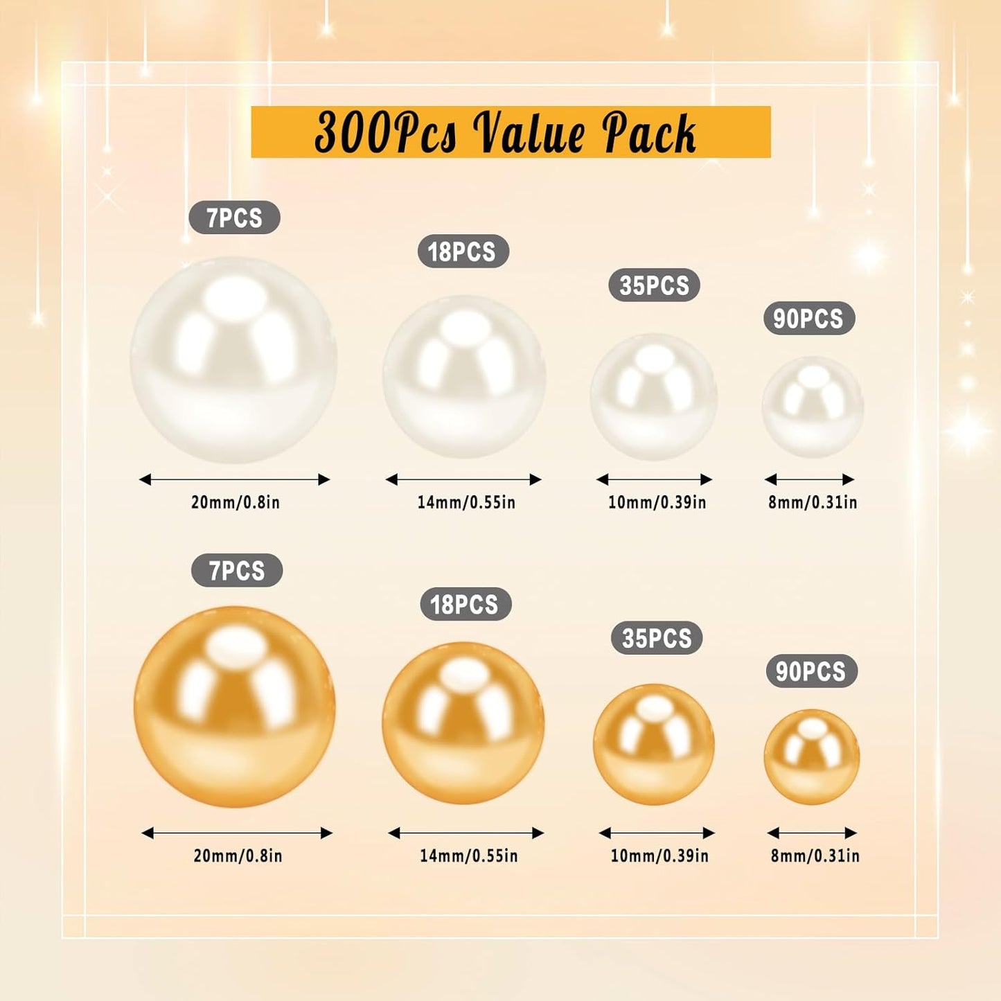 300Pcs Pearl Vase Filler, Ivory Gold No Hole Faux Pearl Beads for Centerpieces Vases, Candle Centerpieces, Wedding Birthday Party Home Decor 8/10/14/20mm