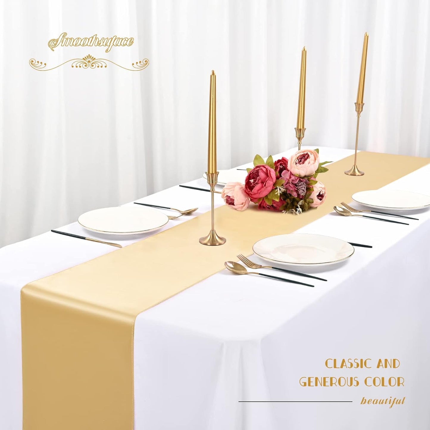 12 Pack Champagne Gold Satin Table Runner,12 x 108 inch Long Premium Smooth Table Runner for Wedding,Banquets,Birthday,Party,Graduation,Engagements,Table Runners fit Rectangle and Round Table