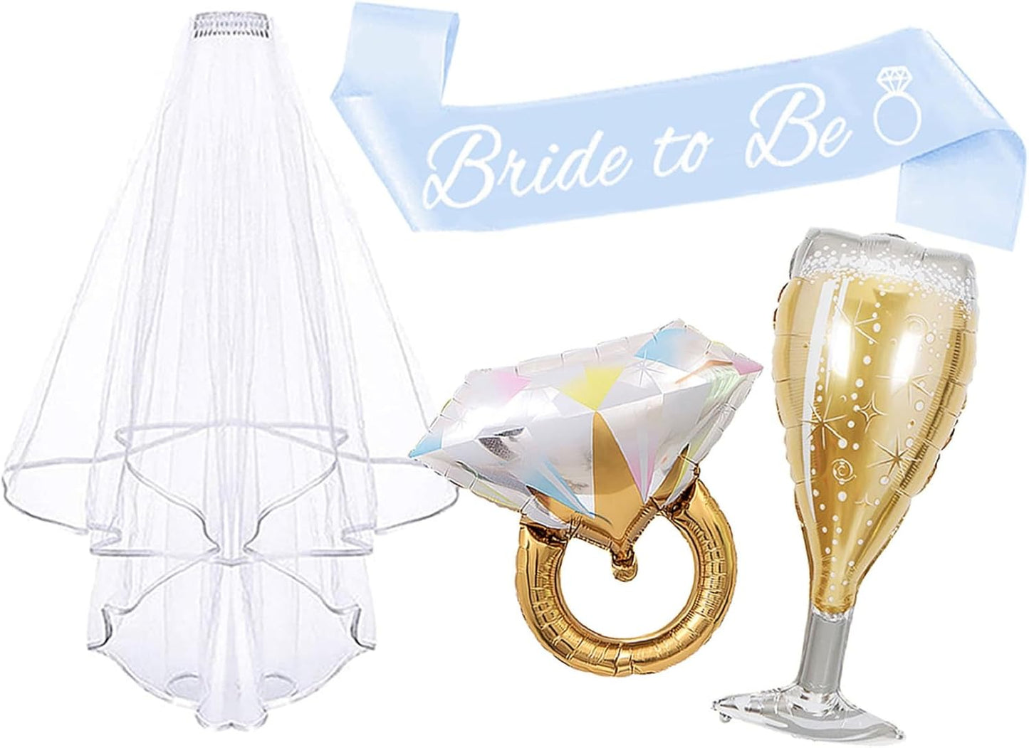 4PCS Bachelorette Blue Sash and Veil for Bride Party, Bride To Be Accessories for Bridal Shower Engagement Wedding