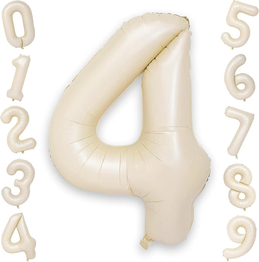40 Inch 4 Balloons, Large Beige Number 4 Balloon for 4th Birthday Foil Number Balloons Set 0-9, Self Inflating White Sand Digital 4 Helium Balloon for Girls Birthday Women Anniversary Party Decoration
