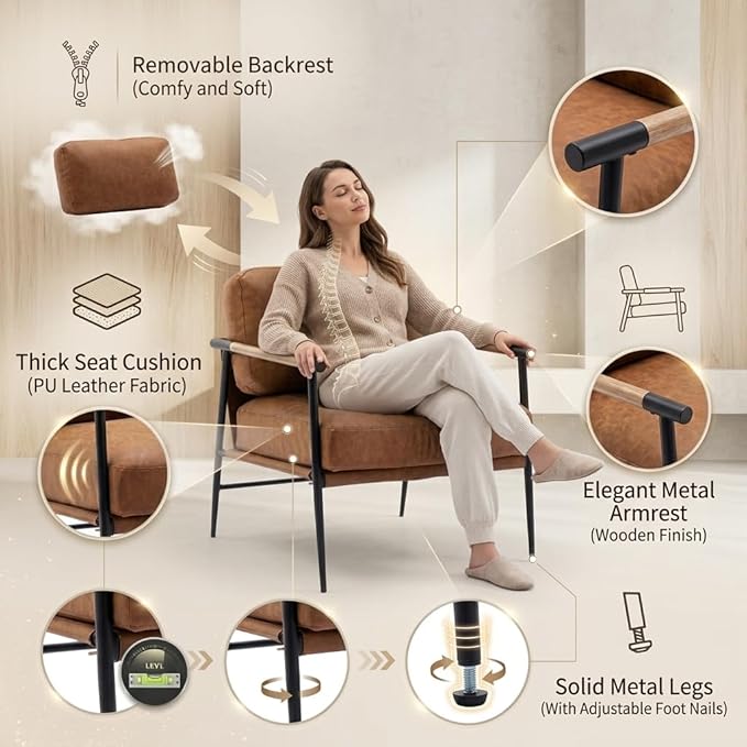 Ya-Home Mid-Century Accent Chair, Soft Armchair PU Leather Lounge Chair - Image 5