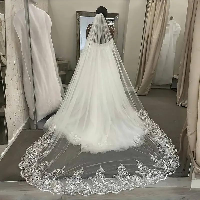 Bridal Veil long Cathedral Length Lace Sequins Edge 1 Tier Wedding Veil with Metal Comb for Brides