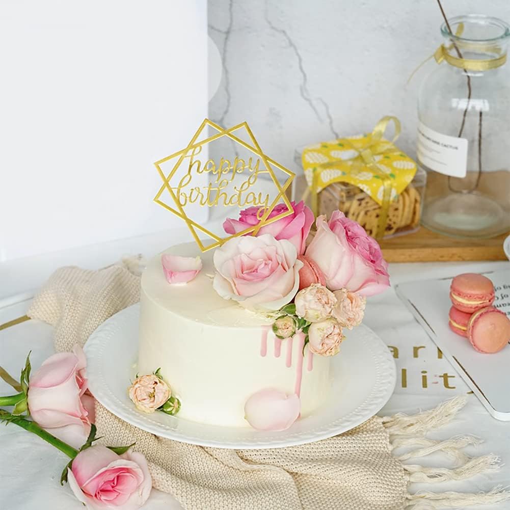 Gold Happy Birthday Cake Topper - Acrylic Cupcake Toppers Decoration Supplies (7 Pieces)