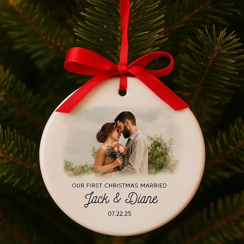 GABITA Personalized First Christmas Married Keepsake, First Christmas Married Ornament 2025, Decorations for New Couple, Married Photo Ornament