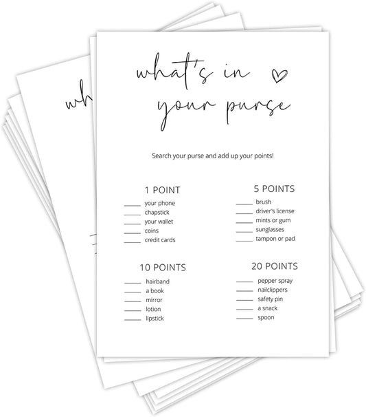 Bridal Shower Games, What's in Your Purse, 25Pcs Minimalist White Double-Sided Bridal Game Cards, Wedding Shower Games for Guests, Engagement Bachelorette Party Supplies - A18