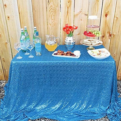 QueenDream Aqua Blue Tablecloth 90 x 156 Inch Sequin Tablecloth for Party Decorations Glitter Tablecloth for Bridal Baby Shower Wedding