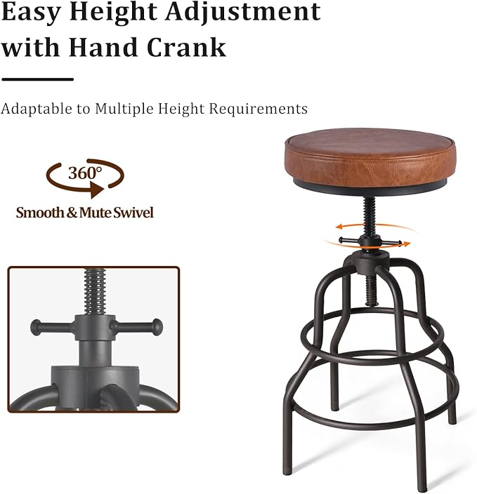 LOKKHAN Industrial Bar Stools-Swivel Leather Metal Bar Stool-20-27 Inch Tall - Image 9