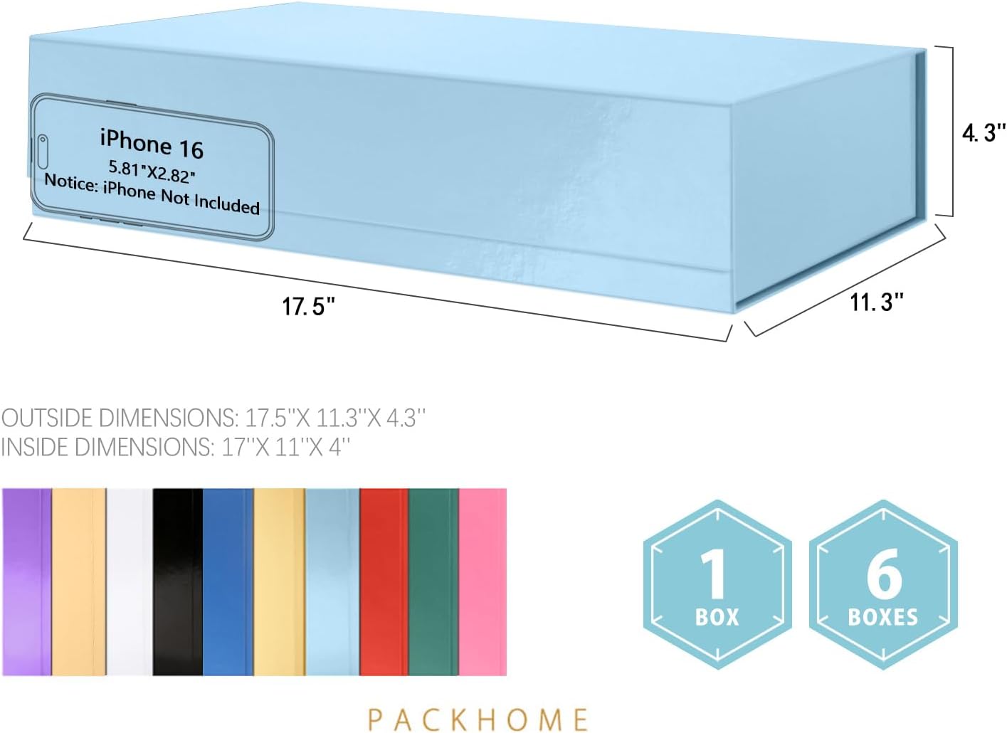 PACKHOME Extra Large Gift Box 17.5x11.3x4.3 Inches, Sturdy Shirt Box with Magnetic Lid for Clothes and Large Gifts (Glossy Light Blue)