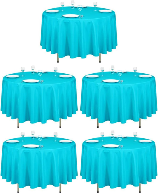 LTC LINENS 5 Pack 90 Inch Round Tablecloth Turquoise - Wrinkle Resistant Table Cloth for Round Table -Washable Polyester Fabric Table Cover for Wedding, Party