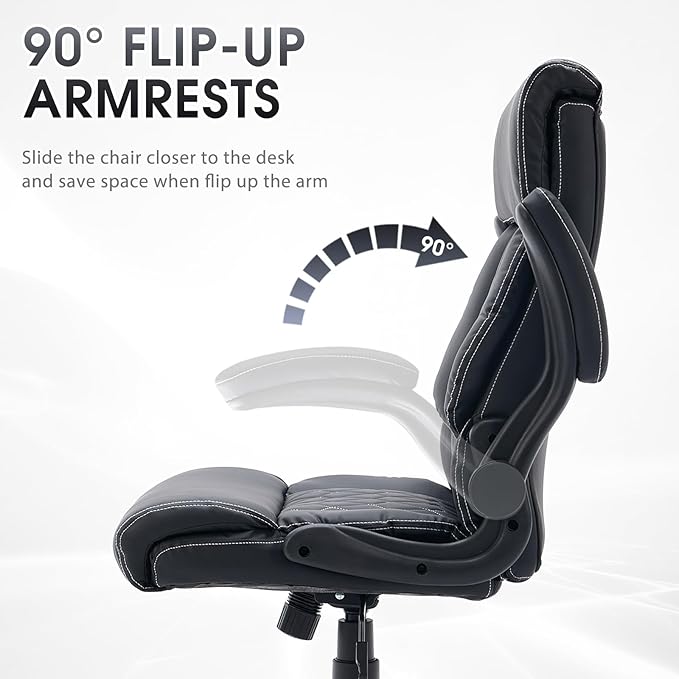 High Back Office Chair with Flip-up Armrests, Leather Comfy Desk Chair with - Image 6