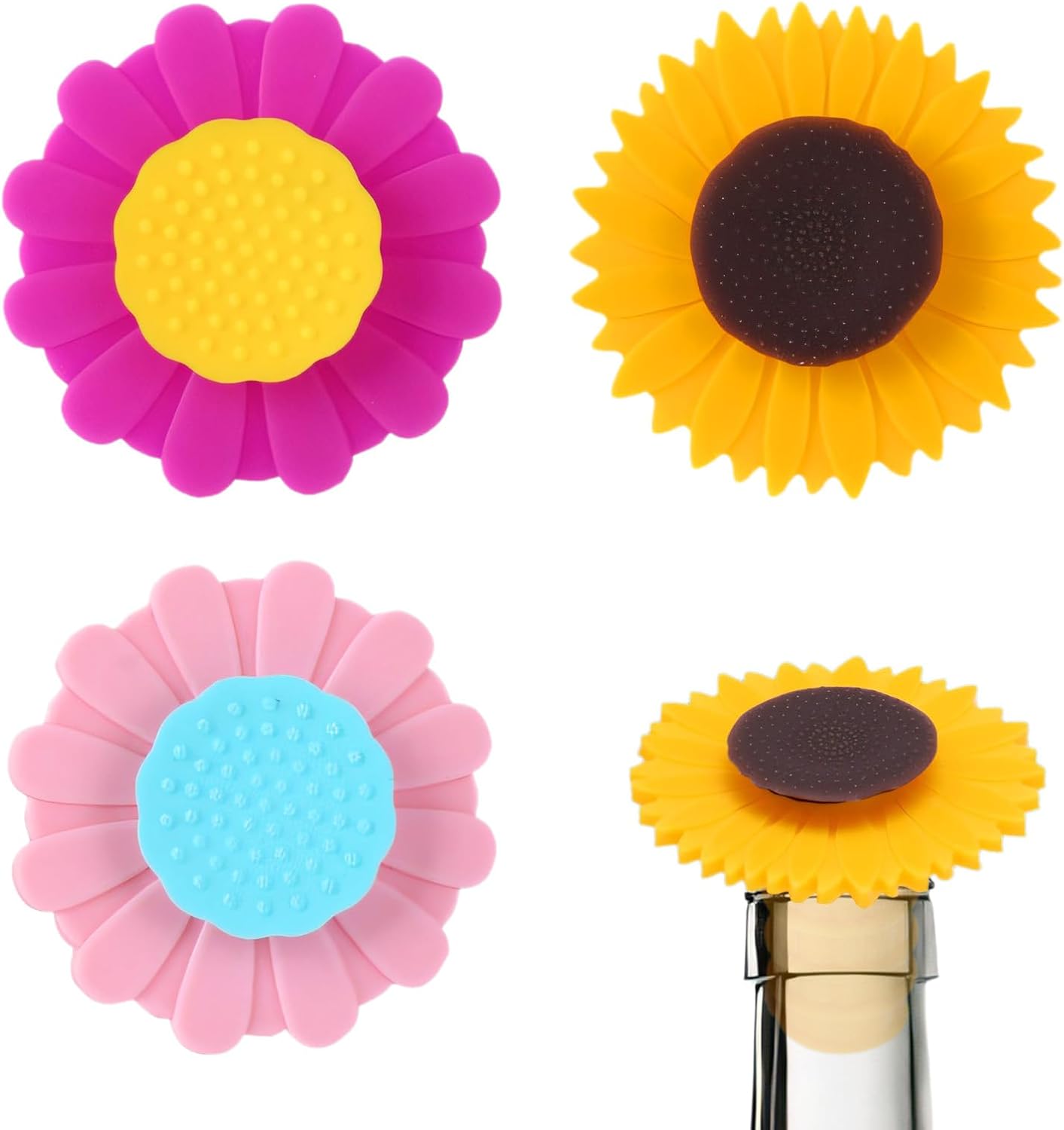3 Pcs Wine Bottle Stopper, Silicone Sunflower Cute Wine Bottle Stopper, Reusable Wine Saver to Keep Wine Fresh(Yellow, Pink, Purple)