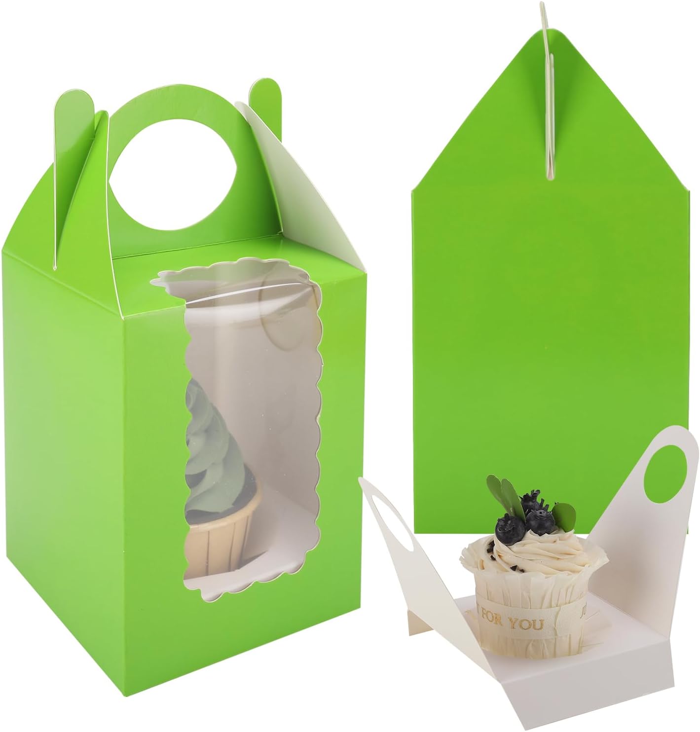 Individual Cupcake Boxes 4x4x5 Inches Disposable Pastry Tray Boxes, With Window Insert and Handle, Perfect for Parties, Birthdays, Bakery Wrapping and Events Containers (Green-50Pack)