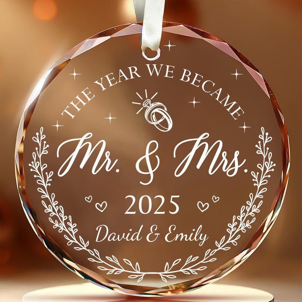 Personalized Wedding Christmas Ornaments - Mr And Mrs Gifts - Wedding Gift Ideas For Couples 2025, Bride, Future Mr And Mrs - Bridal Shower Gift Ideas - 1St Married Christmas Glass Ornament
