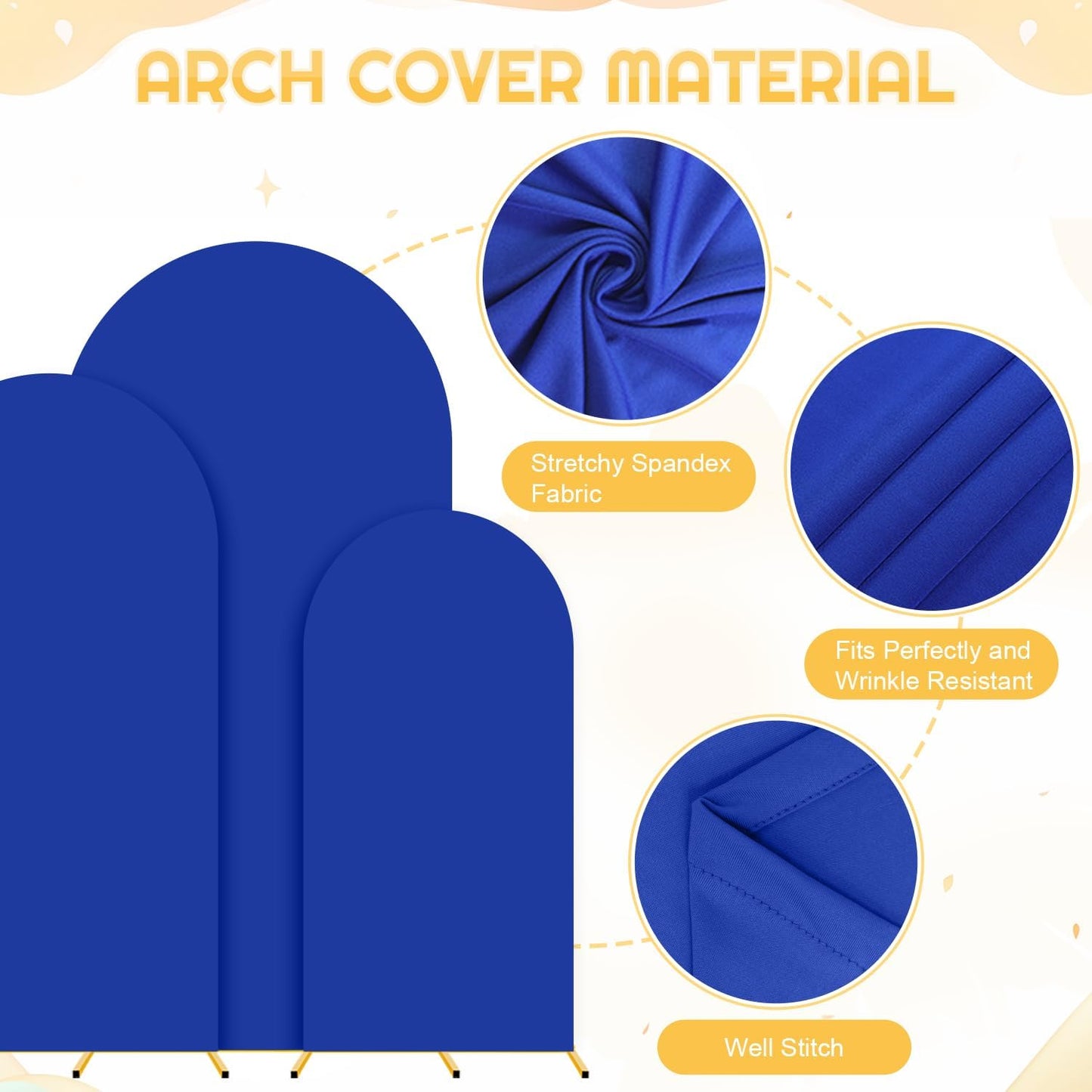 Set of 3 Metal Arch Backdrop Stand with Cover Set 7.2FT, 6.6FT, 6FT Blue Wedding Arch Covers Stretchy Backdrop Spandex for Balloon Party Arch Stand Frame for Gender Reveal Baby Shower Birthday Decor