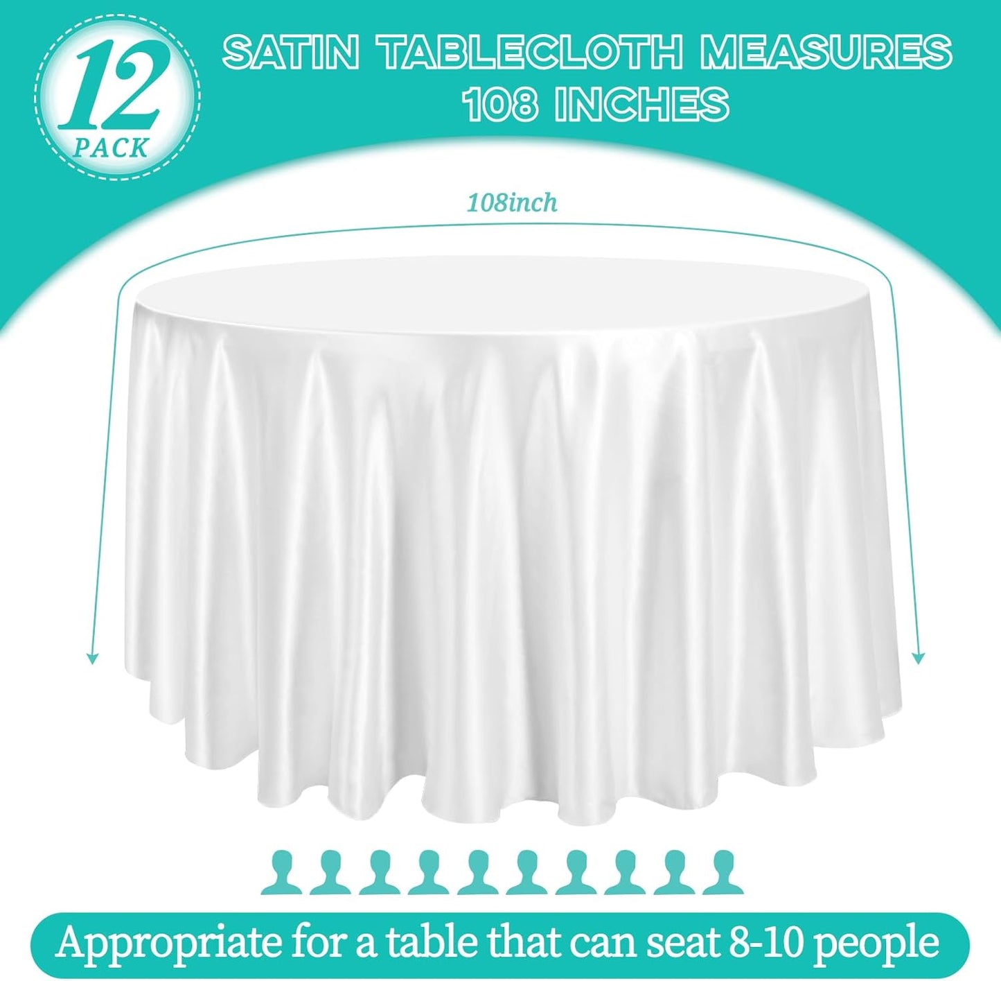 12 Pack 108 Inch White Satin Tablecloth - Premium Bright Silky Round Tablecloth Overlay Smooth Fabric Table Cover, Table Decoration for Wedding Party Banquet Events Restaurant Kitchen Dining