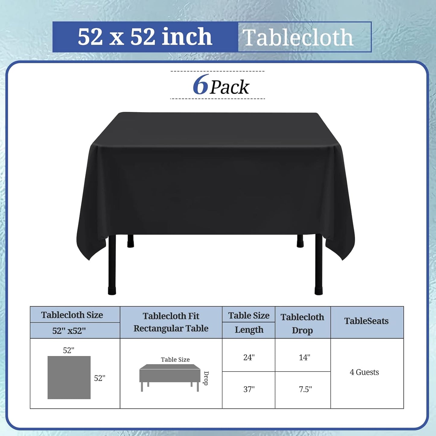 6 Pack Black Square Tablecloths - 52 x 52 Inch, Polyester Table Cover for Square Table, Stain and Wrinkle Resistant Washable Fabric, Restaurant Banquet Party
