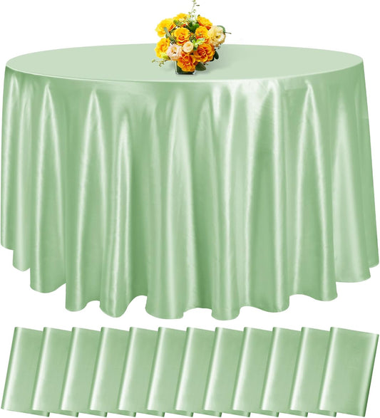 fani 12 Pack 120 Inch Sage Green Satin Tablecloth - Silky Round Tablecloth Overlay Smooth Fabric Table Cover, Bright Table Decoration for Wedding Party Banquet Events Restaurant Kitchen Dining