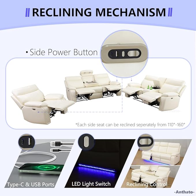 Power Recliner Loveseat, Living Room Furniture Sets, Breathing Leather - Image 6