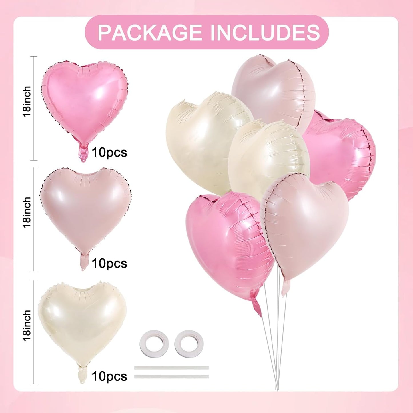 TONIFUL 30Pcs 18 Inch Heart Balloons Pastel Pink Cream White Pink Valentine’s Day Heart Shape Foil Mylar Balloons Decoration for Valentine's Day Wedding Bridal Shower Anniversary Engagement Party