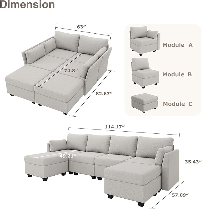Huatean Home 114.17" Modular Sectional Sofa, 6 Seat Modular Couch - Image 2