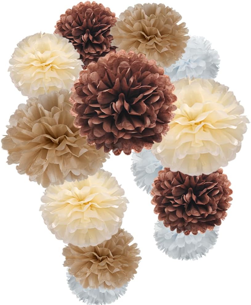 Brown Champagne Tan Ivory and White Tissue Paper Pom Poms Flower for Neutral Baby Shower Birthday Retirement New Year Party Decoration, 12pc